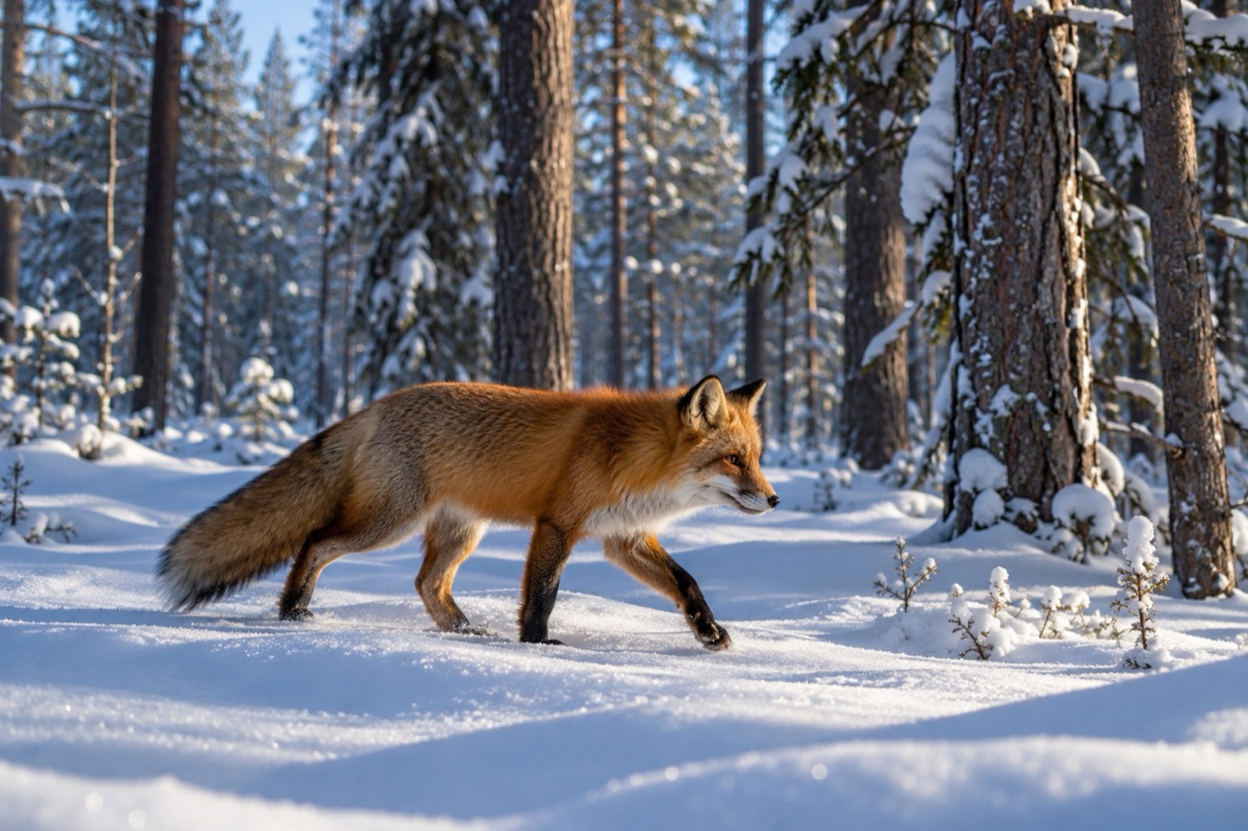Rotfuchs läuft durch verschneiten Fichtenwald